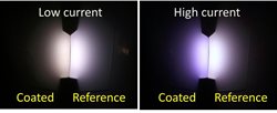 At low current the coated LEDs emit a cozy, warm glow compared to uncoated reference LEDs. Credit: Hugo J. Cornelissen