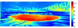Thermal image of Grand Prismatic Spring, showing apparent temperature in degrees C. Credit: Fig. 3b from Nugent, Shaw, and Vollmer (2015)