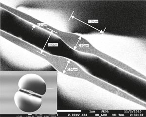 An actual cross-section and extreme magnification of the nanomechanical fiber.