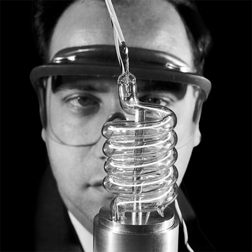 Dr. Theodore Maiman of Hughes Research Laboratories, with the first working laser. Photo Credit: HRL Laboratories, LLC