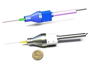 The CAD model and prototype of the fiber-optic-sensor-based microsurgical tool, SMART. Courtesy Cheol Song, Johns Hopkins University.